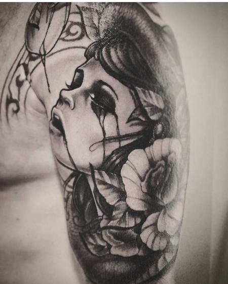 Yorick Fauquant - Black and Grey woman, Eve, Crying, Apple, Roses, Sleeve, Snake, Art Nouveau, Yorick Tattoo, Neotrad